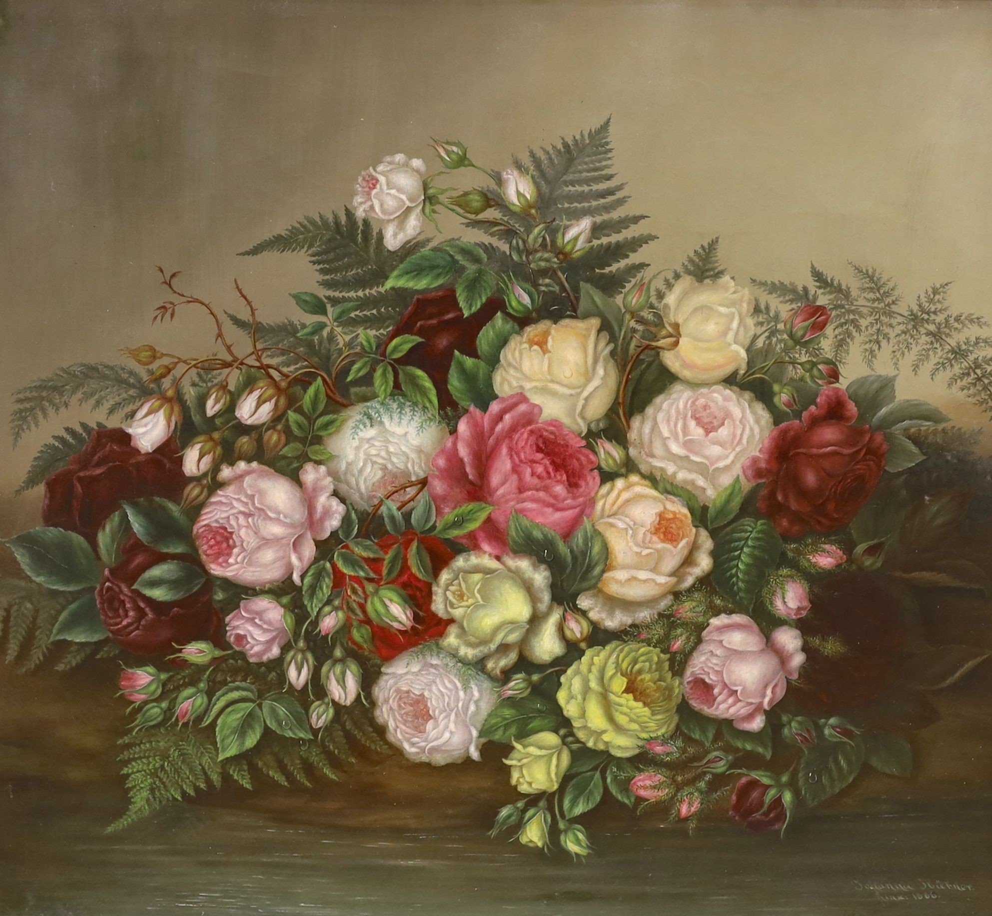 Johanna Hubner (19th century), oil on canvas, Still life of flowers, signed and dated 1886, 56 x 62cm